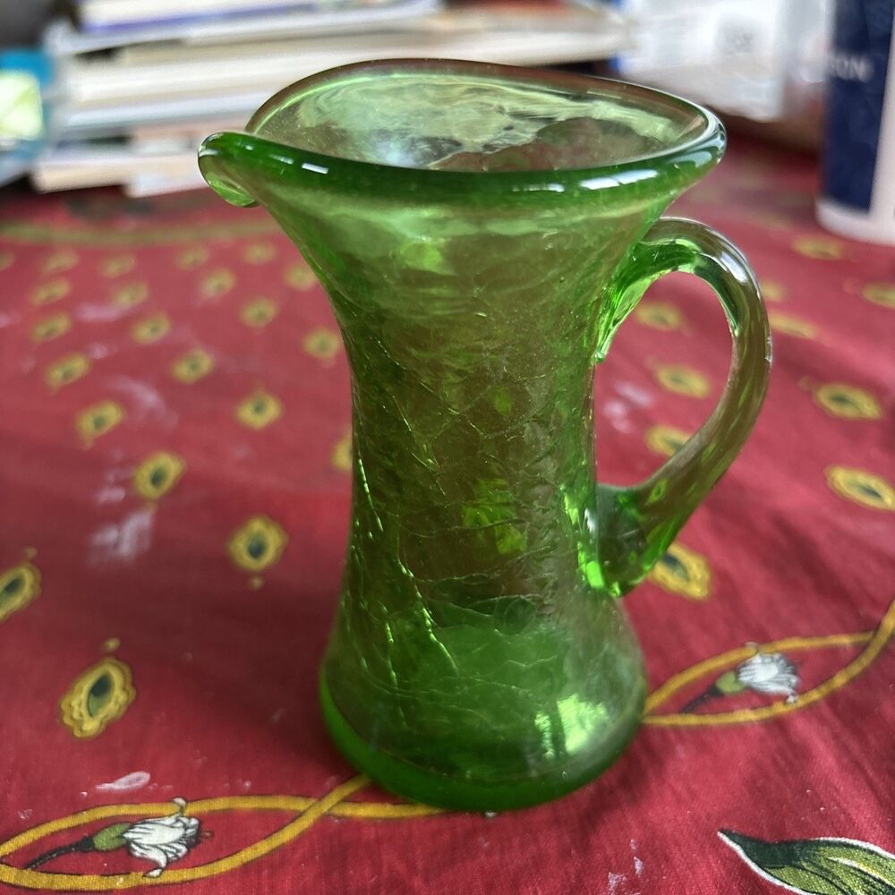 Vintage Handblown Mini Green Crackle Glass Small Pitcher